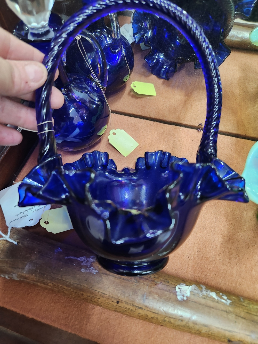 Cobalt Blue Glass Basket with Twisted Handle